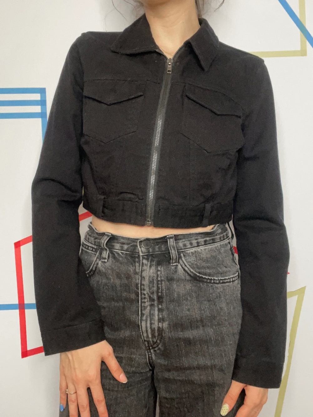 Black Denim Cropped Zip-Up Jacket